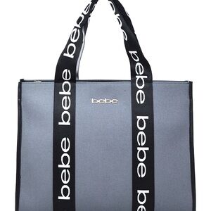 NWT BEBE canvas tote  With gold-tone‎ hardware, 2 top handles Grey/ black